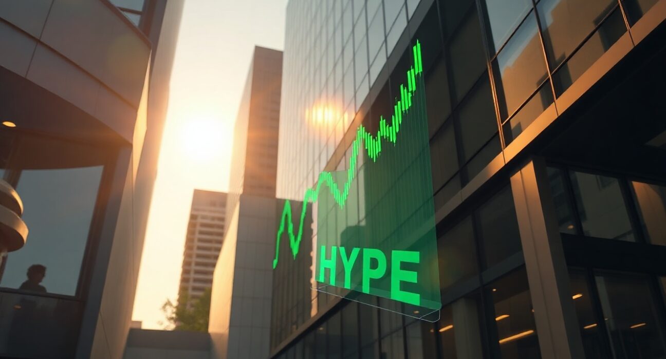 Silicon Valley office building with digital cryptocurrency chart overlay representing A16z whale accumulation of HYPE tokens