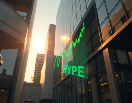 Silicon Valley office building with digital cryptocurrency chart overlay representing A16z whale accumulation of HYPE tokens