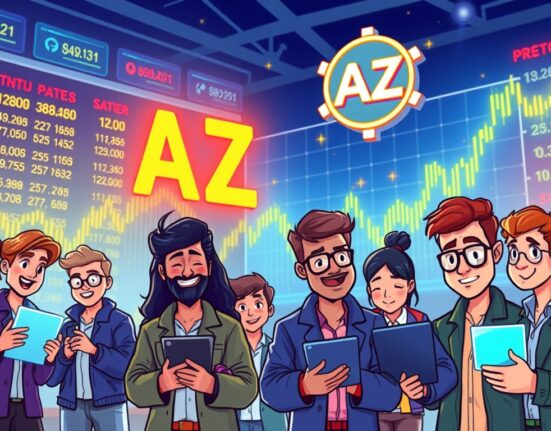 Cartoon illustration showing traders reacting to the launch of the A2Z USDT perpetual contract on Binance, symbolizing new trading opportunities.