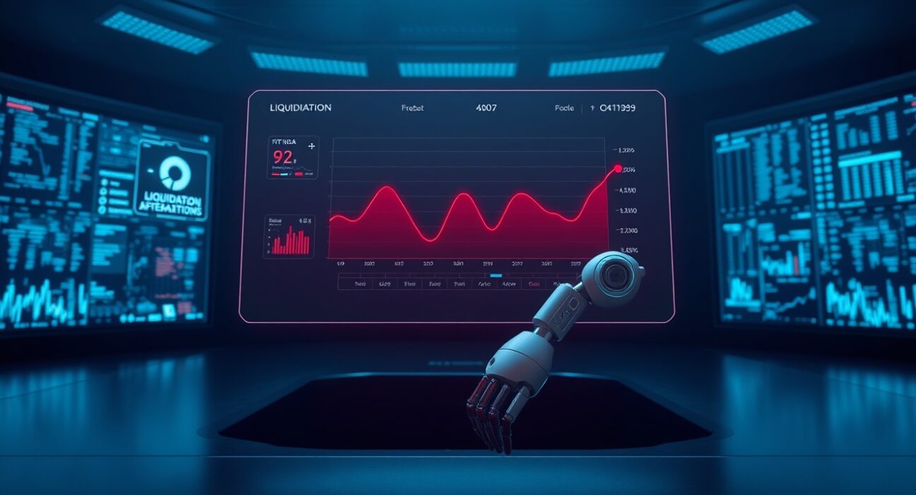 Aave protocol dashboard showing a major liquidation event and automated systems in a DeFi control room.