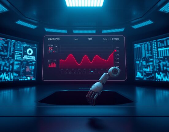 Aave protocol dashboard showing a major liquidation event and automated systems in a DeFi control room.