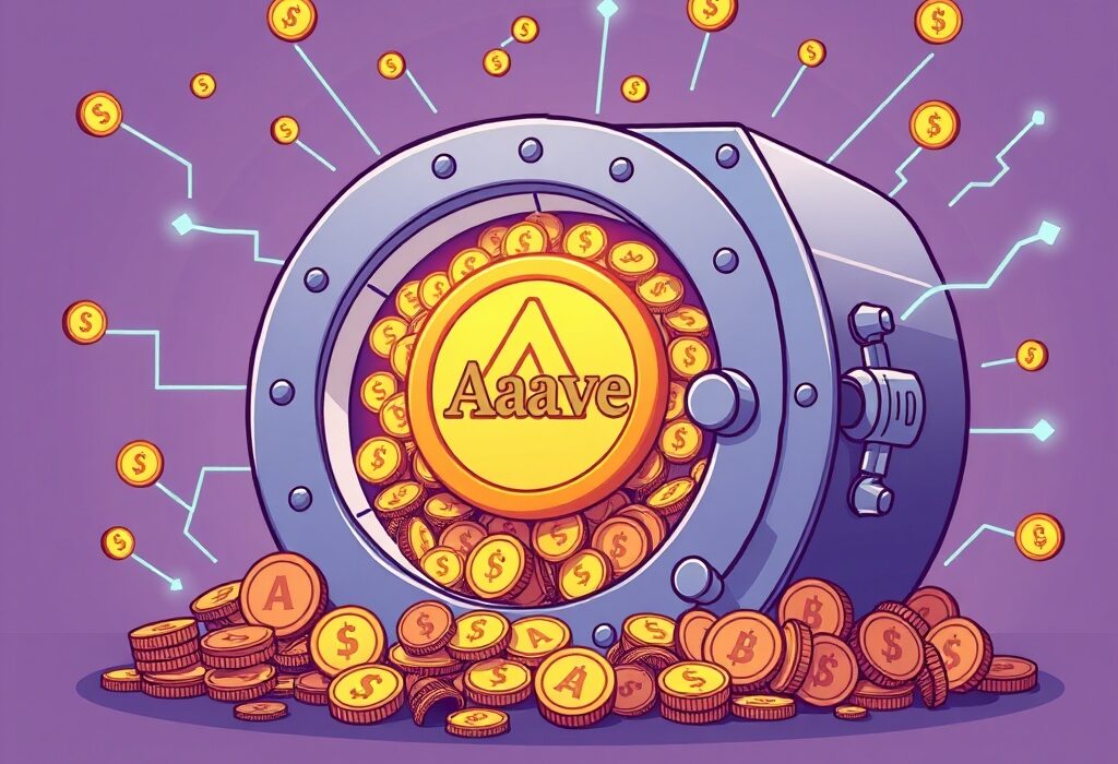 A cartoon illustration showing a digital vault overflowing with crypto, symbolizing Aave active borrows reaching a $25 billion milestone in DeFi lending.