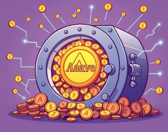 A cartoon illustration showing a digital vault overflowing with crypto, symbolizing Aave active borrows reaching a $25 billion milestone in DeFi lending.