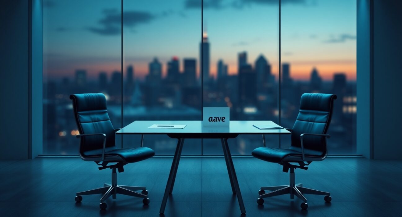 Empty boardroom chairs and a document with Aave logo, representing the governance conflict leading to ACI shutdown.