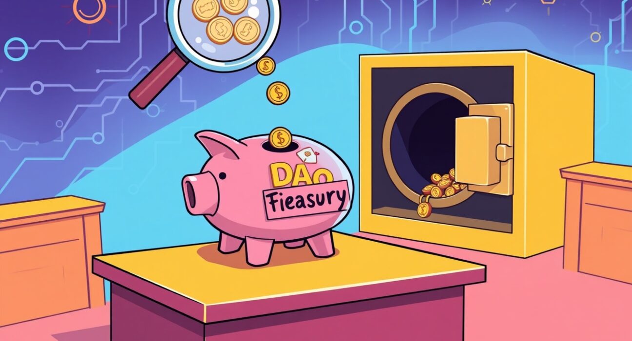 Cartoon illustration investigating the flow of Aave CoW Swap fees into a DAO treasury.