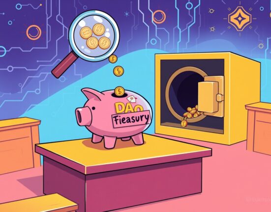 Cartoon illustration investigating the flow of Aave CoW Swap fees into a DAO treasury.