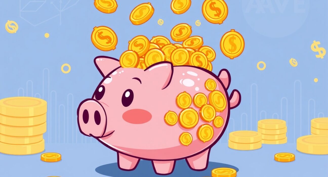 A cartoon illustration symbolizing the remarkable growth of Aave cumulative revenue, showcasing financial success in DeFi.