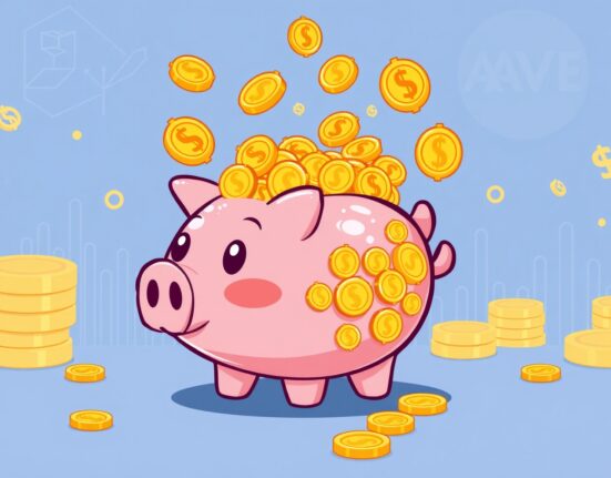 A cartoon illustration symbolizing the remarkable growth of Aave cumulative revenue, showcasing financial success in DeFi.