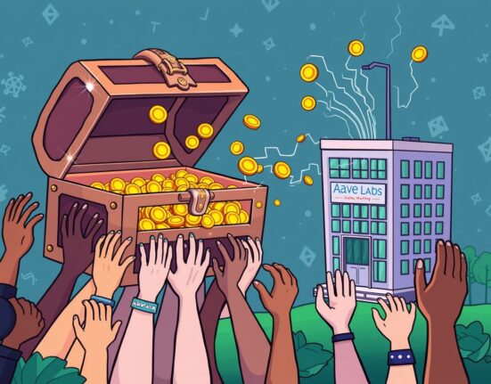 An illustration of the explosive Aave DAO proposal to absorb Aave Labs' assets into the community treasury.