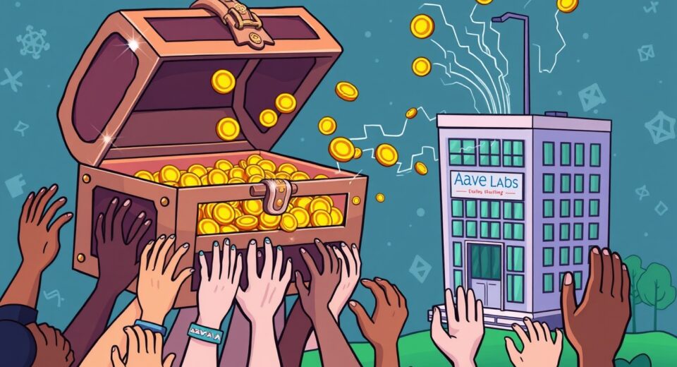 An illustration of the explosive Aave DAO proposal to absorb Aave Labs' assets into the community treasury.