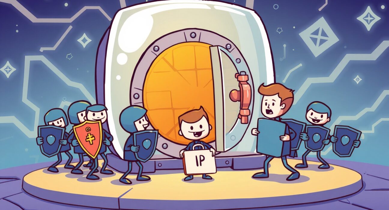 Cartoon community guarding a vault from an Aave DAO proposal to absorb intellectual property.