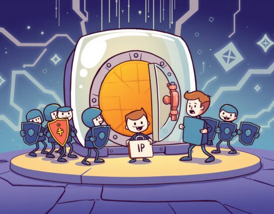 Cartoon community guarding a vault from an Aave DAO proposal to absorb intellectual property.