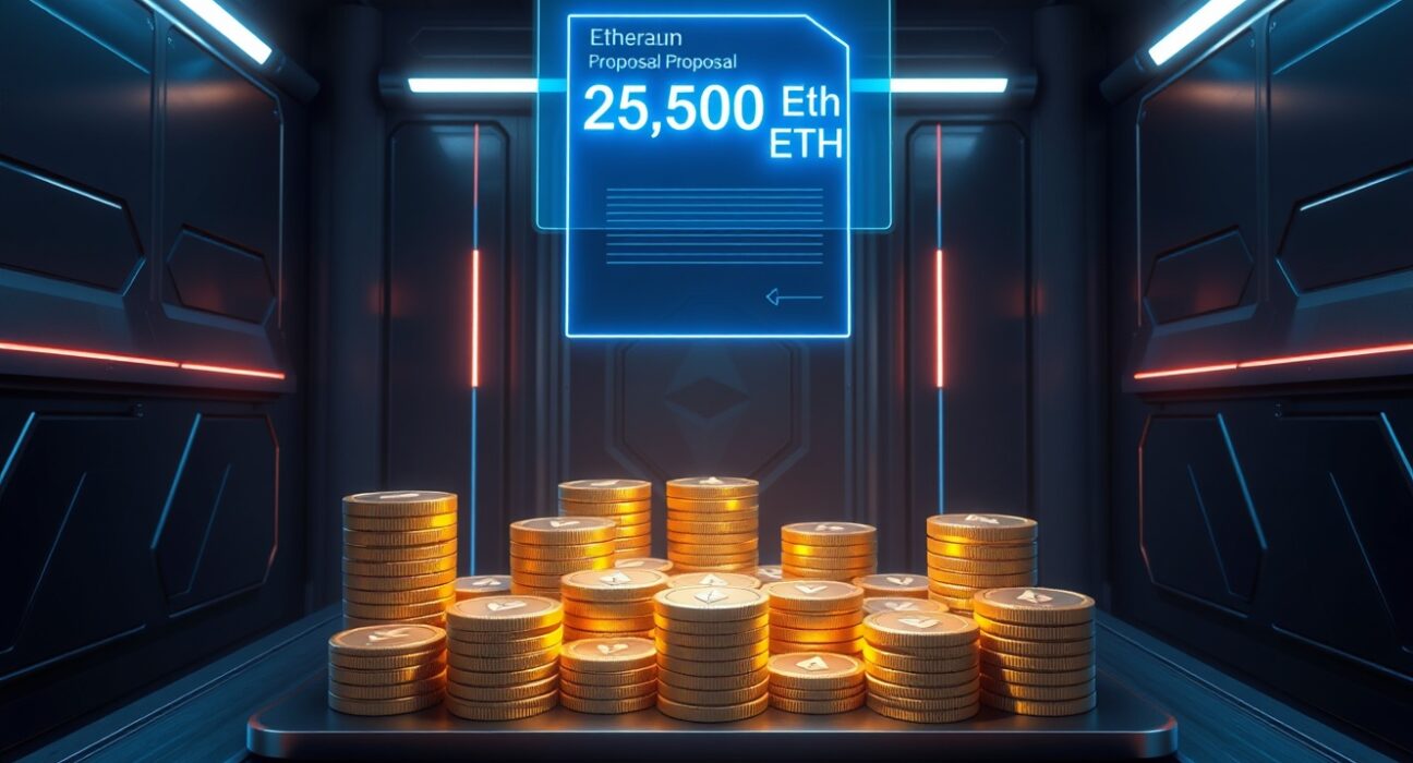 Aave DAO proposes using 25K ETH from its treasury to cover rsETH hack losses, showing a holographic governance proposal with Ethereum coins.