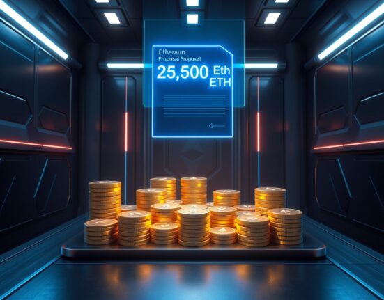 Aave DAO proposes using 25K ETH from its treasury to cover rsETH hack losses, showing a holographic governance proposal with Ethereum coins.