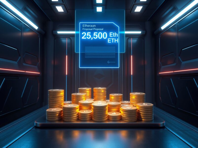 Aave DAO proposes using 25K ETH from its treasury to cover rsETH hack losses, showing a holographic governance proposal with Ethereum coins.