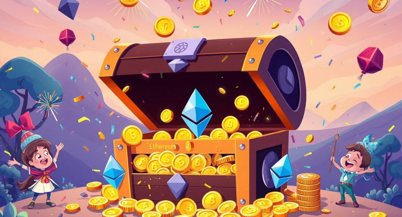 Aave Ethereum balance celebration with growing digital treasure and happy DeFi community