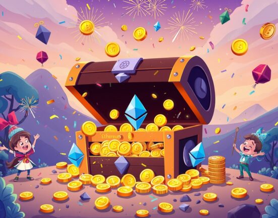 Aave Ethereum balance celebration with growing digital treasure and happy DeFi community