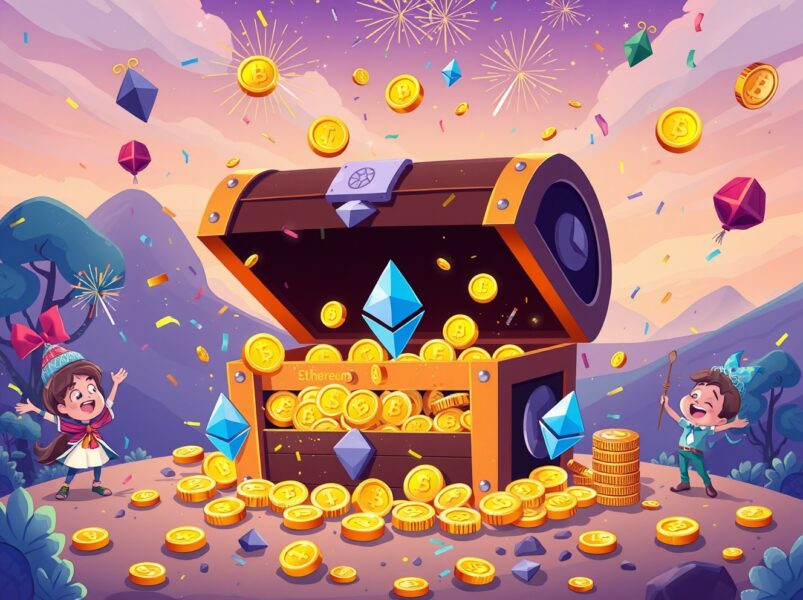 Aave Ethereum balance celebration with growing digital treasure and happy DeFi community
