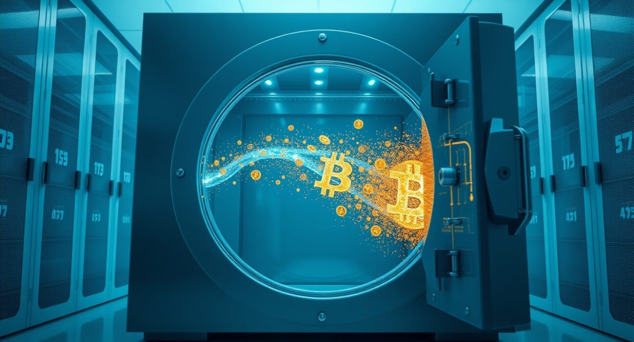 Conceptual image of a digital vault draining after the Aave exploit and rsETH attack.