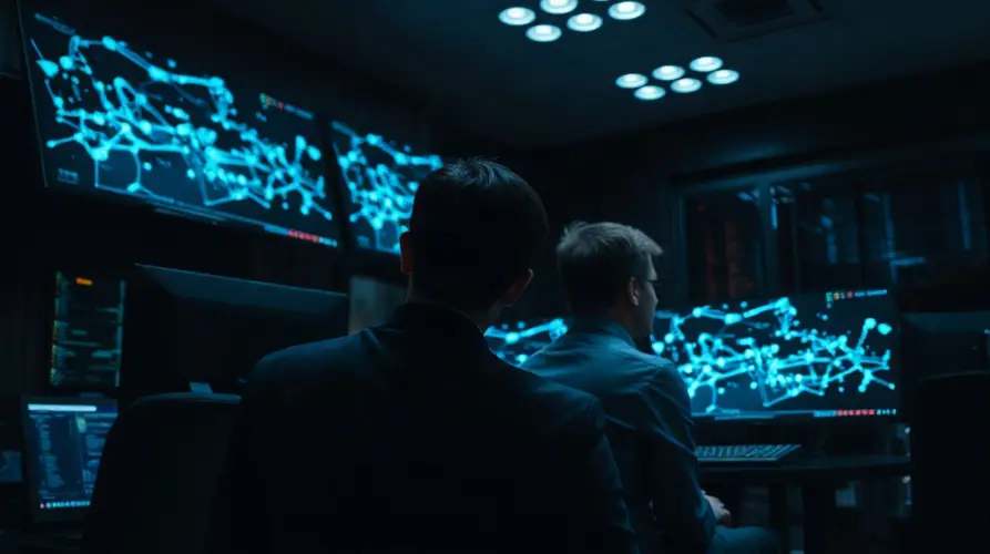 Security analysts monitoring blockchain transaction data on dark operations center screens after a DeFi adapter exploit