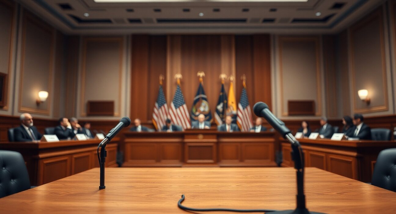 Empty witness table in a US Senate hearing room with American flags and blurred committee members in background.