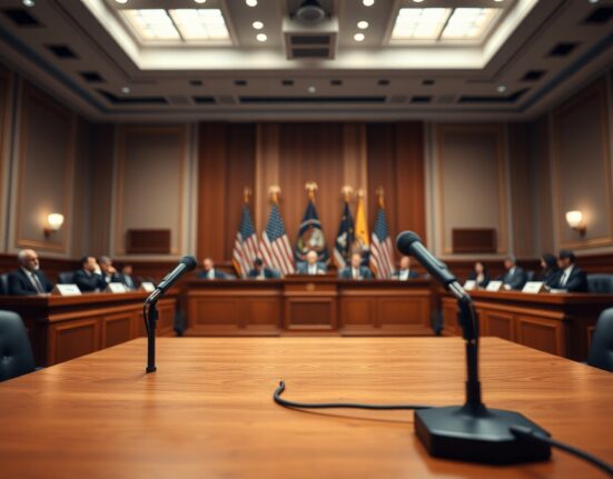Empty witness table in a US Senate hearing room with American flags and blurred committee members in background.