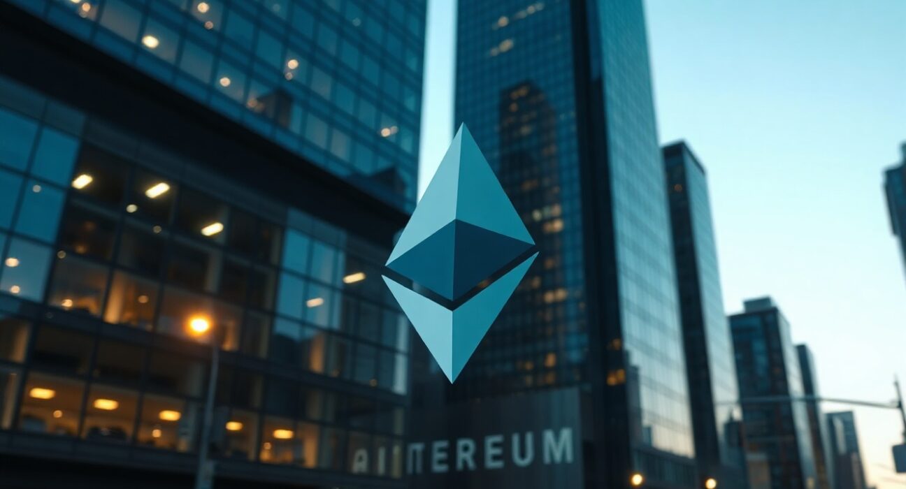 Ethereum-themed crystal in foreground with financial district skyline at dusk