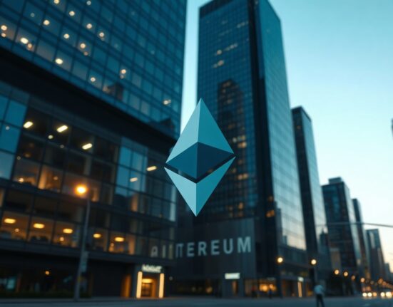 Ethereum-themed crystal in foreground with financial district skyline at dusk
