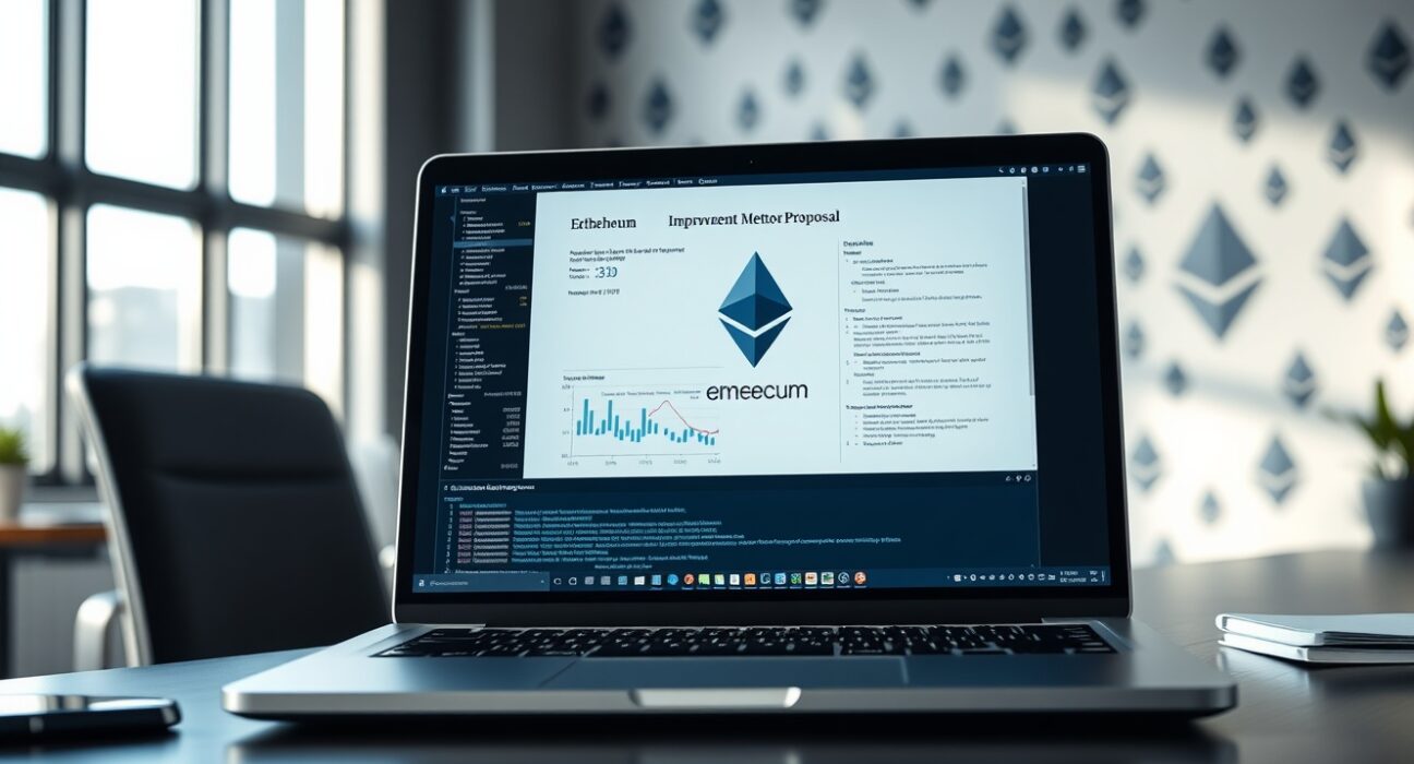 Ethereum improvement proposal document on a laptop screen in an office setting