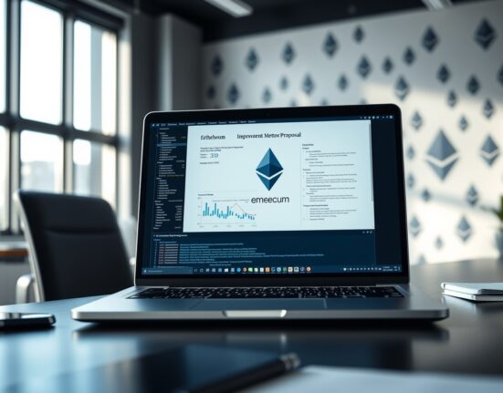 Ethereum improvement proposal document on a laptop screen in an office setting