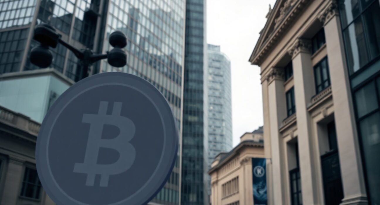 Bank of England building in London with digital stablecoin symbol overlay