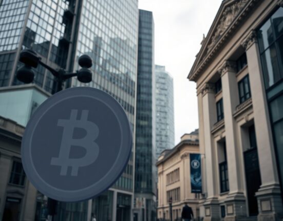 Bank of England building in London with digital stablecoin symbol overlay