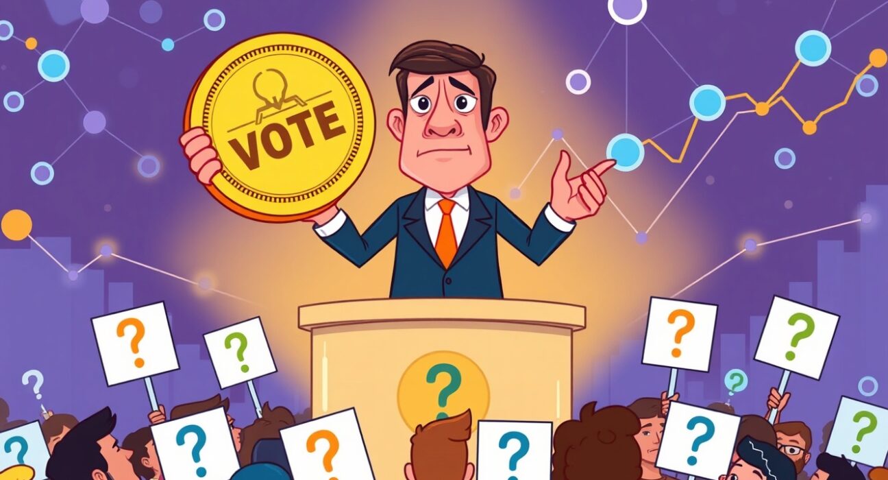 Cartoon illustration questioning Aave governance fairness after a large token purchase.