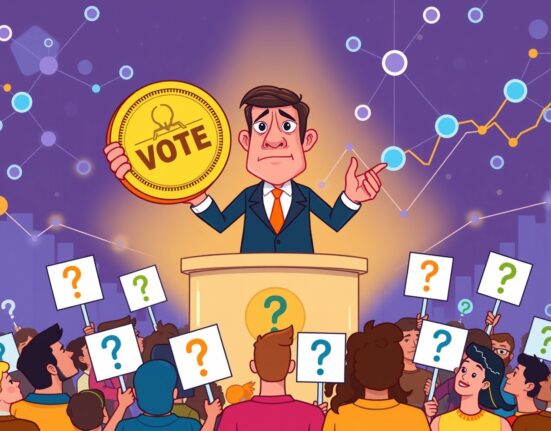 Cartoon illustration questioning Aave governance fairness after a large token purchase.