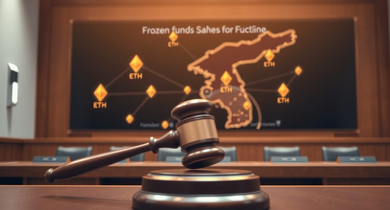 Courtroom with gavel and digital screen showing blockchain network and frozen ETH funds