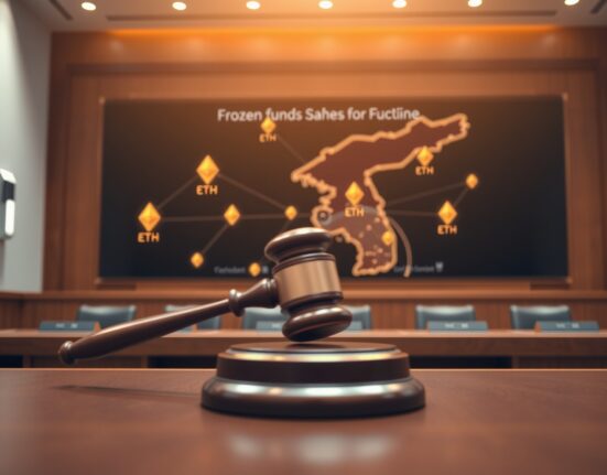 Courtroom with gavel and digital screen showing blockchain network and frozen ETH funds