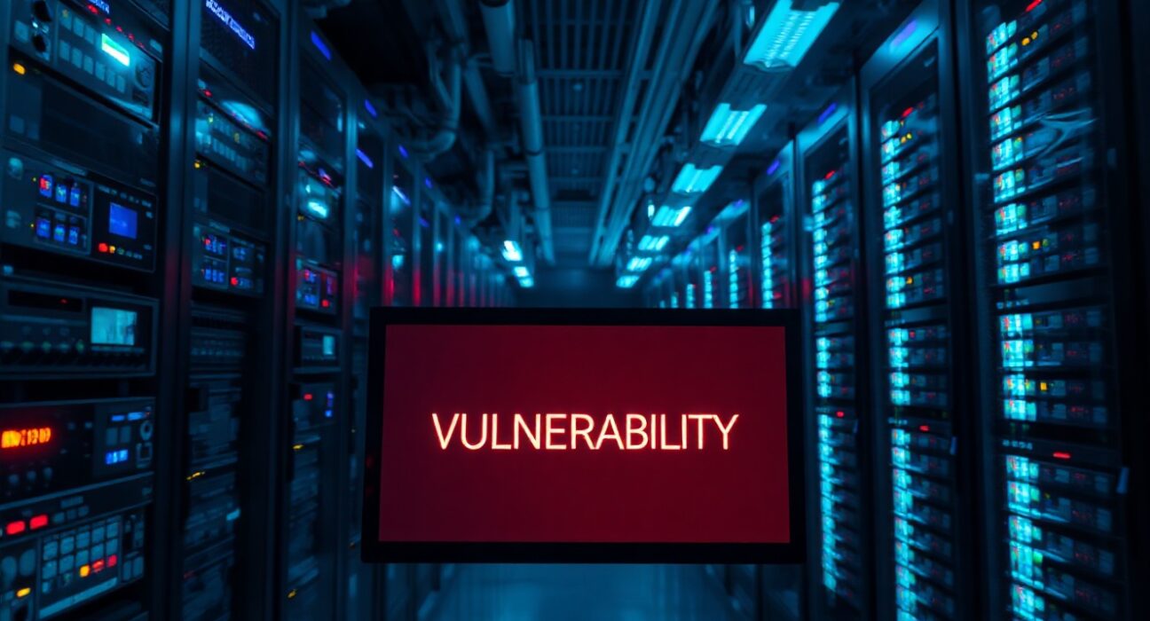 Aave protocol vulnerability alert screen in a dimly lit data center representing DeFi security risks.