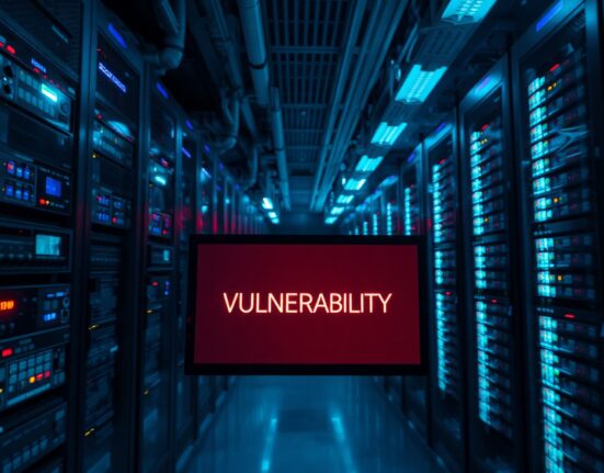 Aave protocol vulnerability alert screen in a dimly lit data center representing DeFi security risks.