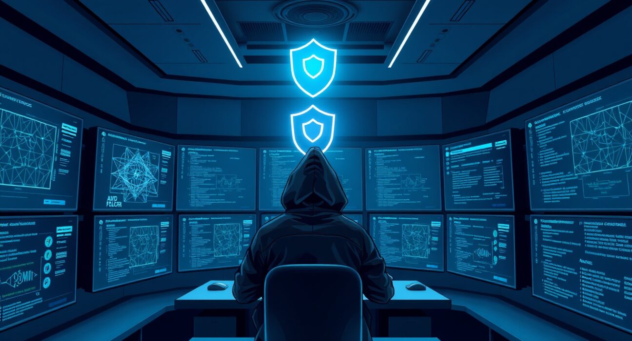 A cybersecurity expert monitoring blockchain security in a modern command center
