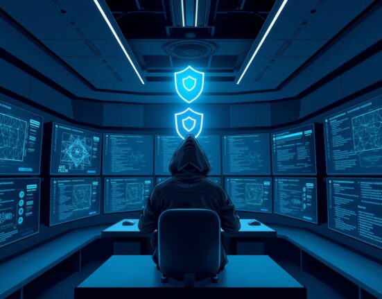 A cybersecurity expert monitoring blockchain security in a modern command center