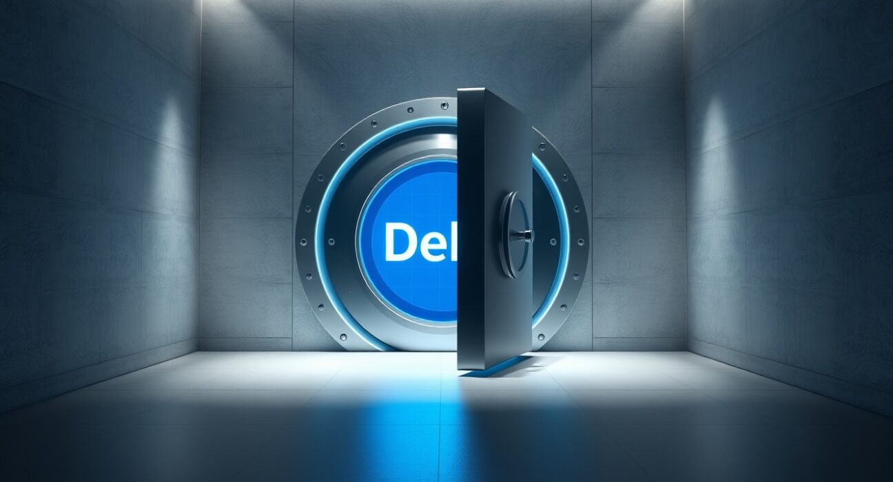A digital vault door with blue light representing Aave Stable Vaults for fixed-rate DeFi yields