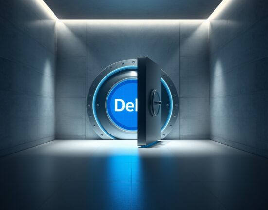 A digital vault door with blue light representing Aave Stable Vaults for fixed-rate DeFi yields