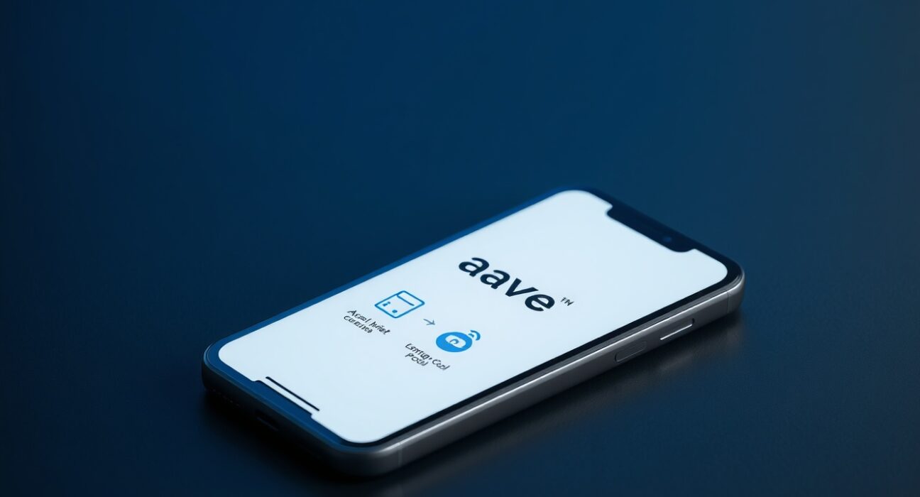 Aave DeFi application interface displayed on smartphone screen showing integration with OKX's X Layer blockchain.