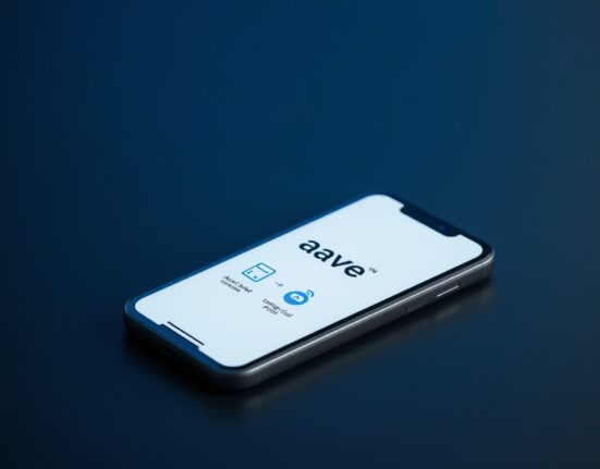 Aave DeFi application interface displayed on smartphone screen showing integration with OKX's X Layer blockchain.