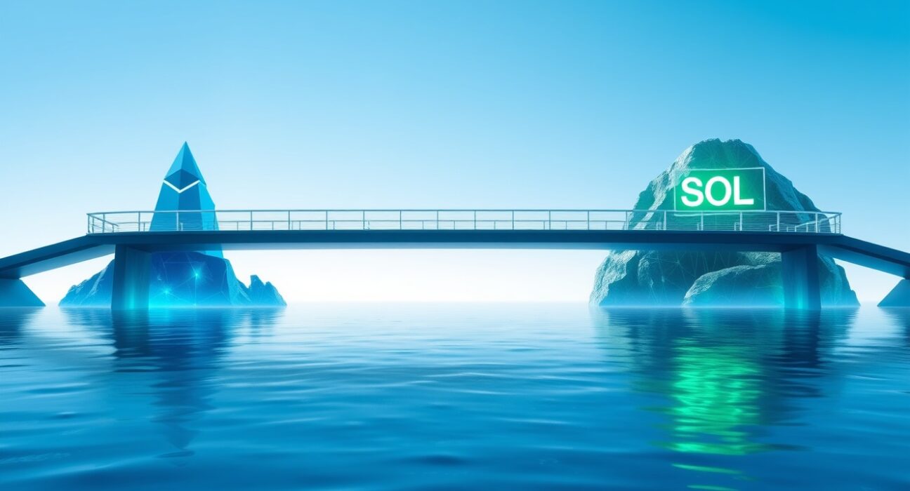 Aave launches on Solana via Sunrise DeFi, showing a bridge connecting Ethereum and Solana blockchain ecosystems