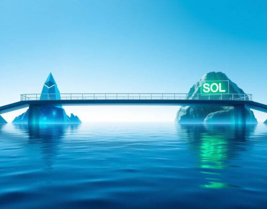 Aave launches on Solana via Sunrise DeFi, showing a bridge connecting Ethereum and Solana blockchain ecosystems