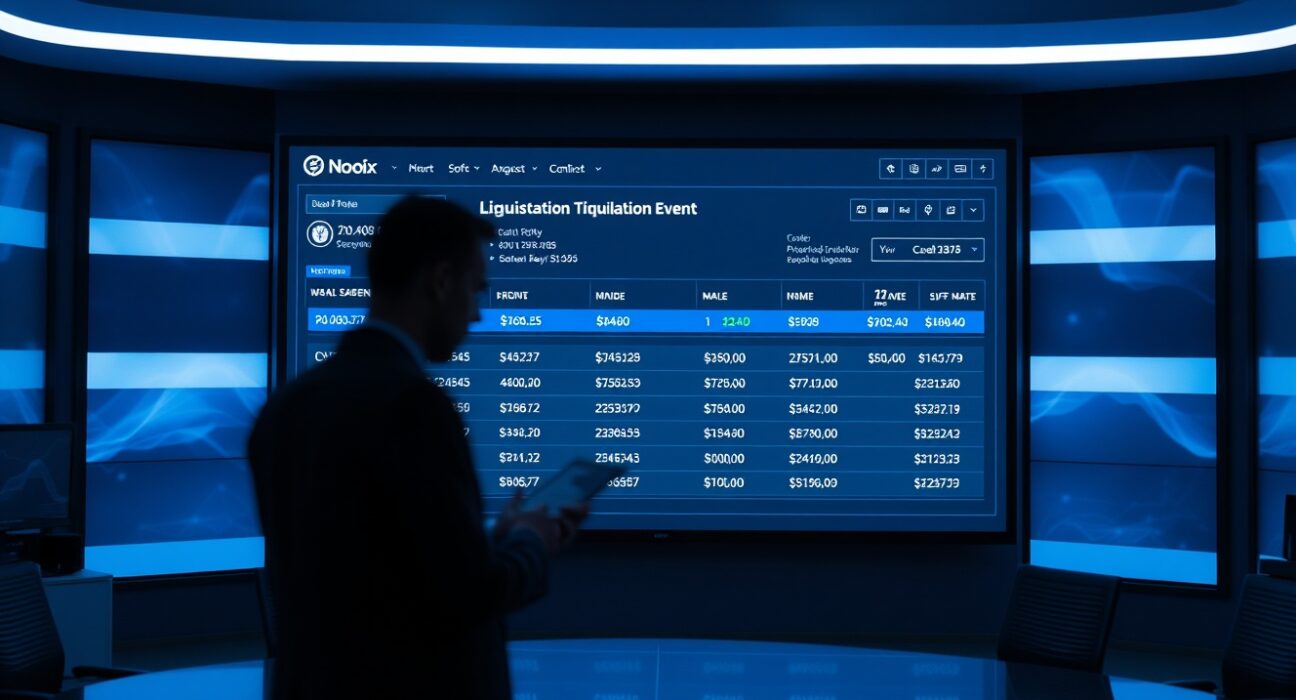 Blockchain transaction interface showing a liquidation event in a professional newsroom setting
