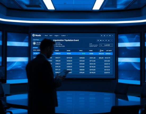 Blockchain transaction interface showing a liquidation event in a professional newsroom setting