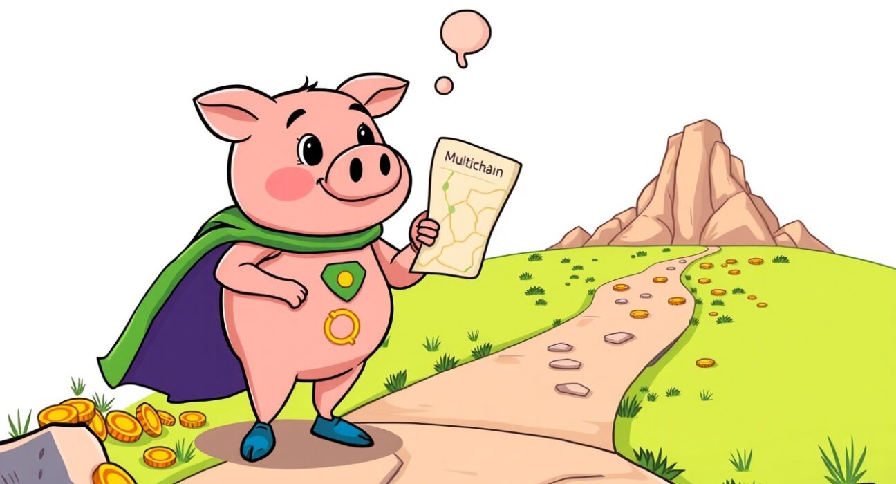 Aave multichain services strategy depicted as a superhero piggy bank choosing a profitable path.
