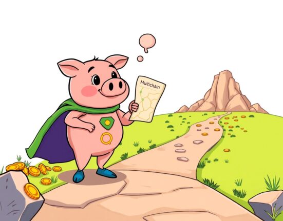 Aave multichain services strategy depicted as a superhero piggy bank choosing a profitable path.